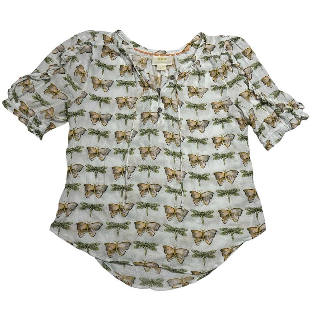 Maeve Anthropologie White with Butterfly and Dragonfly Print Blouse Size 2